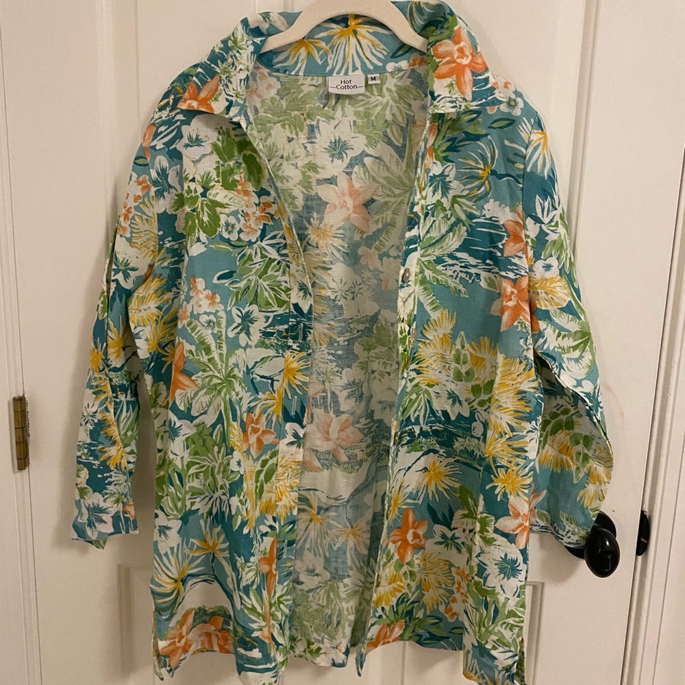 Vintage 100% Linen Hot Cotton Tropical Button Down Shirt Size Medium M